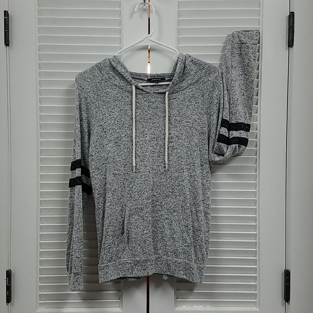 Gray, soft hoodie, lightweight.